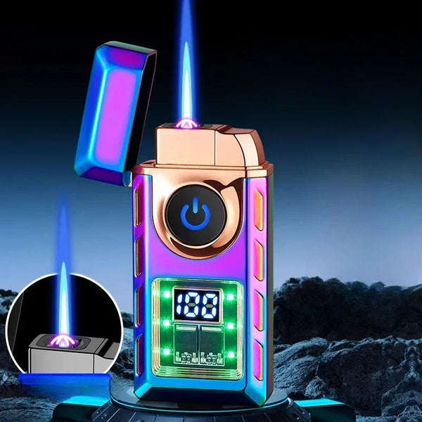 2025 Hot Sales New Electronic Pulse Cigarette Lighter Gas and Electric Digital Display Double Arc Windproof Butane Gas Lighter