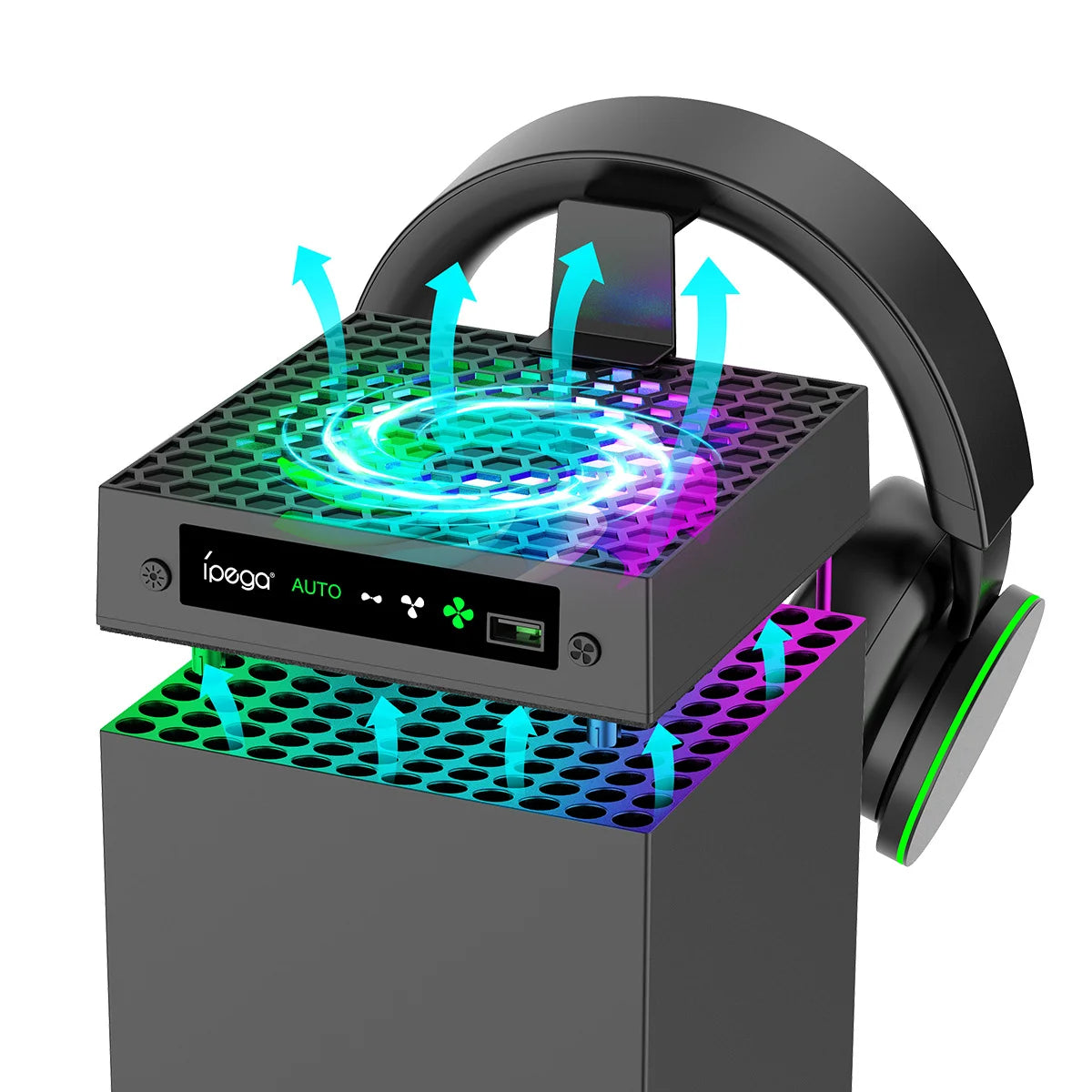 Suitable for Xbox Series X game console intelligent temperature control cooling fan with RGB lights headphone hook