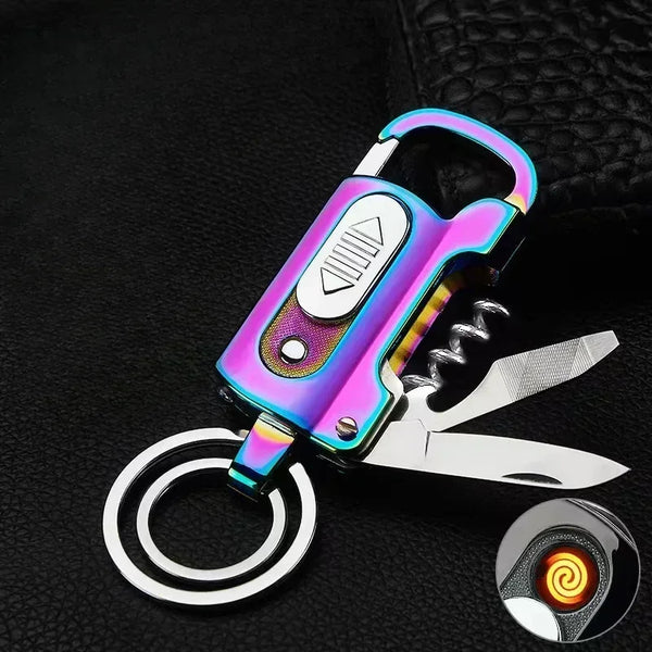 Multifunctional Electronic Lighter Keychain Wine Opener Knife Flashlight Slotted Screwdriver Metal Windproof Lighter Gadget