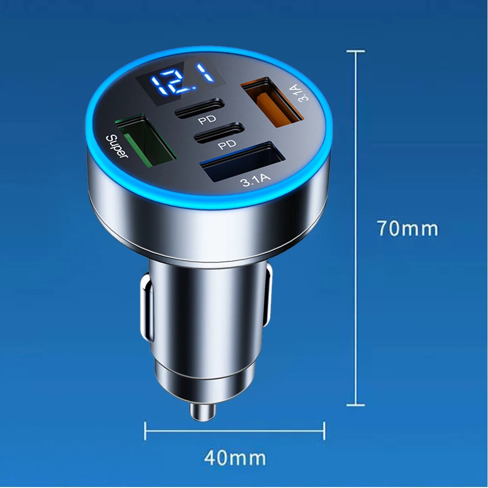 5 in 1 USB Car Charger Fast Charging Dual PD Port QC3.0 Car Phone Charger Adapter With Voltage Display for iPhone Samsung Huawei