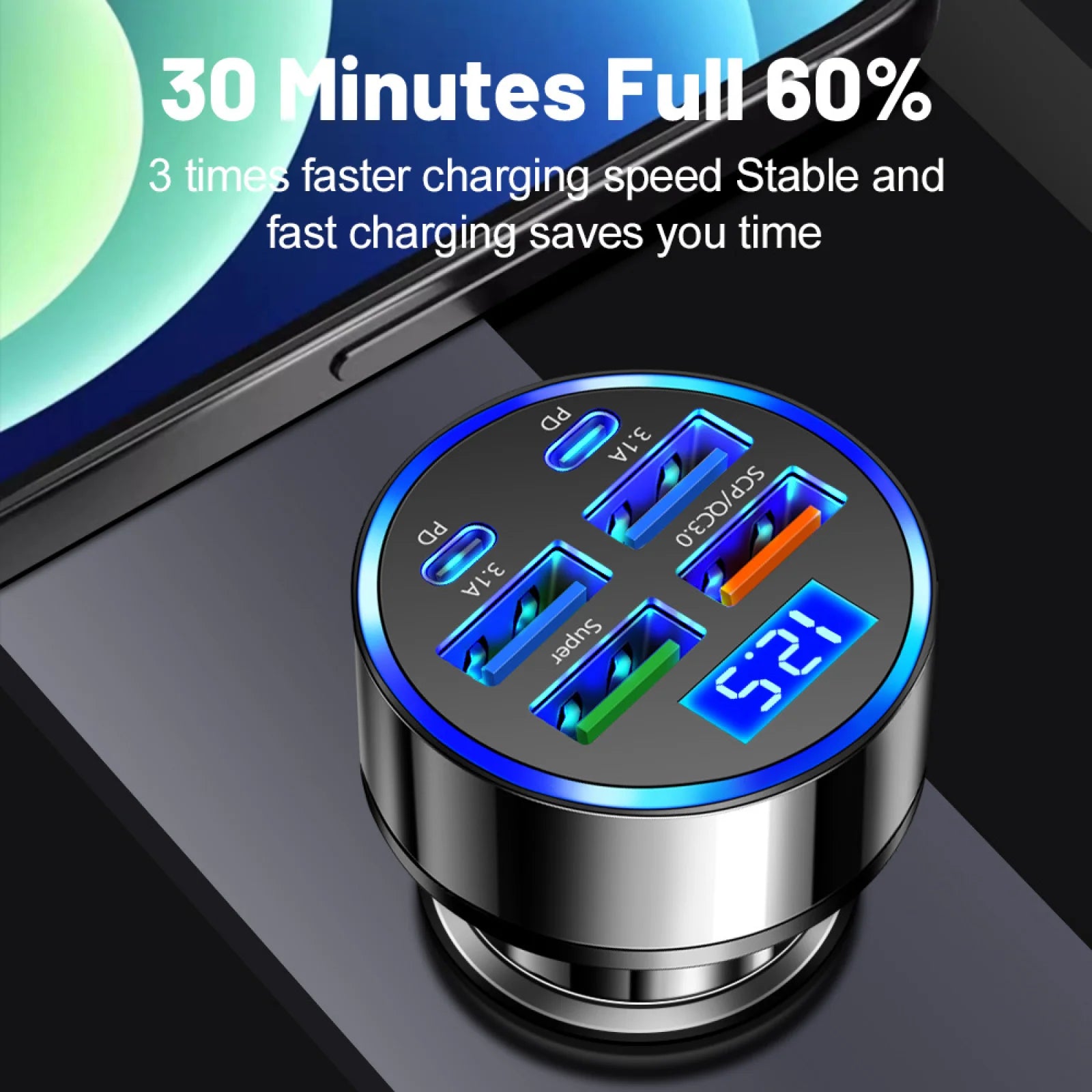 100W 6 Ports USB Car Charger PD QC3.0 Fast Charging Car Lighter Adapter Phone Charger For iPhone Samsung Huawei Xiaomi