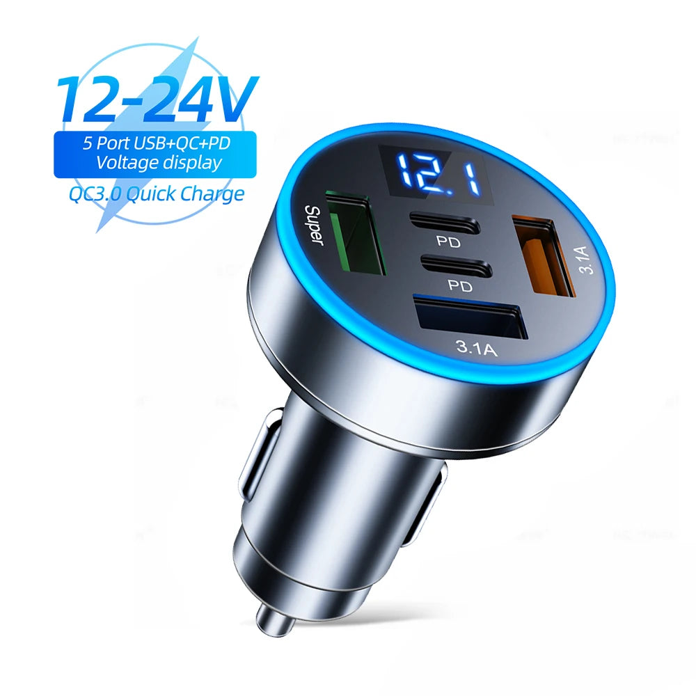 5 in 1 USB Car Charger Fast Charging Dual PD Port QC3.0 Car Phone Charger Adapter With Voltage Display for iPhone Samsung Huawei