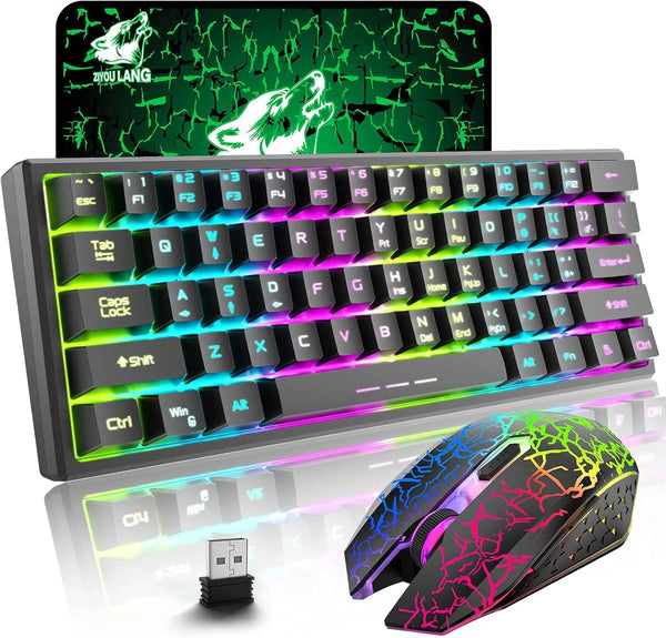 T61 Wireless Gaming Keyboard and Mouse Combo, Ergonomic 61 Key Rainbow LED Backlight Rechargeable 4000mAh Battery Mouse Pad