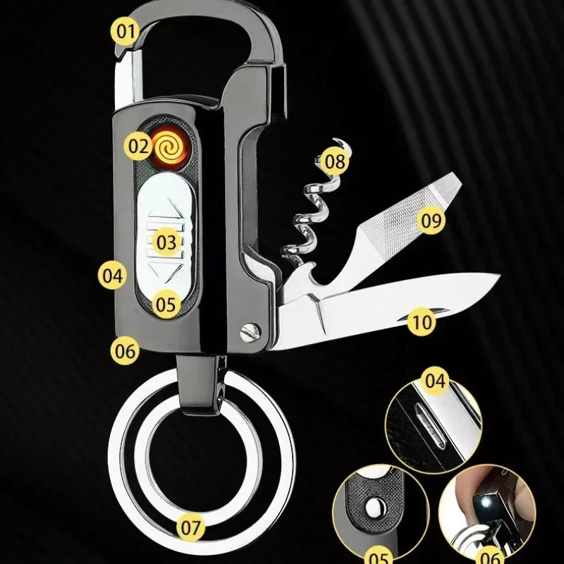 Multifunctional Electronic Lighter Keychain Wine Opener Knife Flashlight Slotted Screwdriver Metal Windproof Lighter Gadget