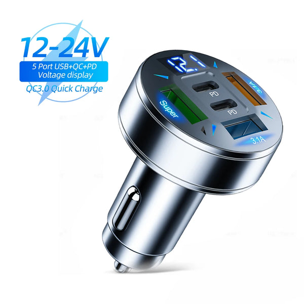 5 in 1 USB Car Charger Fast Charging Dual PD Port QC3.0 Car Phone Charger Adapter With Voltage Display for iPhone Samsung Huawei