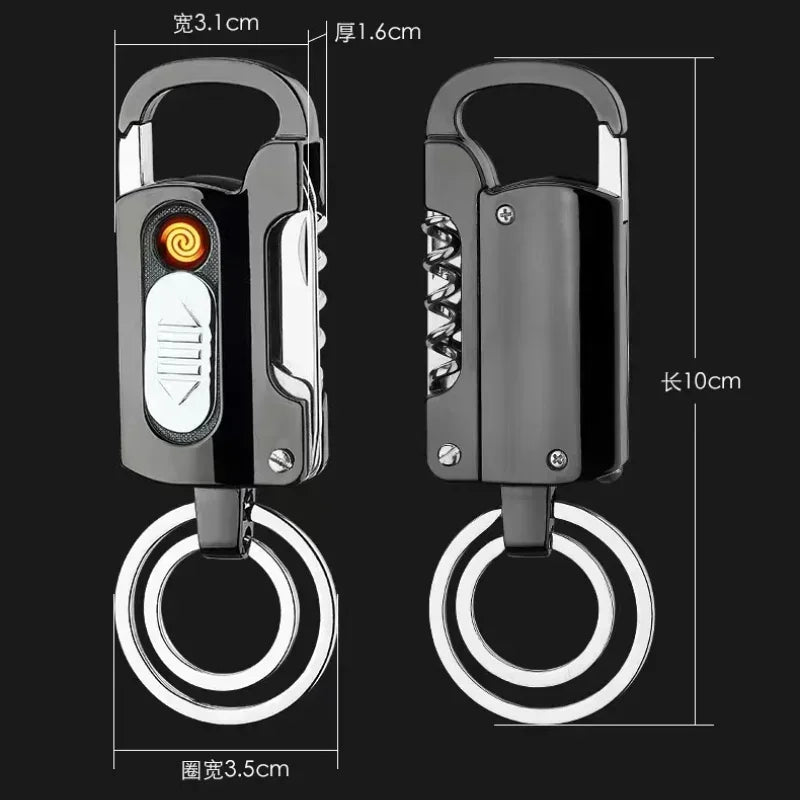 Multifunctional Electronic Lighter Keychain Wine Opener Knife Flashlight Slotted Screwdriver Metal Windproof Lighter Gadget